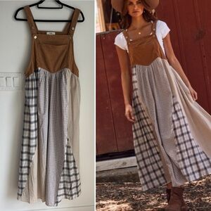 Oddi Corduroy and Patchwork Mixed Plaid Overall Dress in Taupe Multi Large NEW